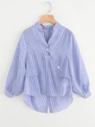 Shein Embroidered Detail Buttoned Back Pinstripe Dip Hem Blouse