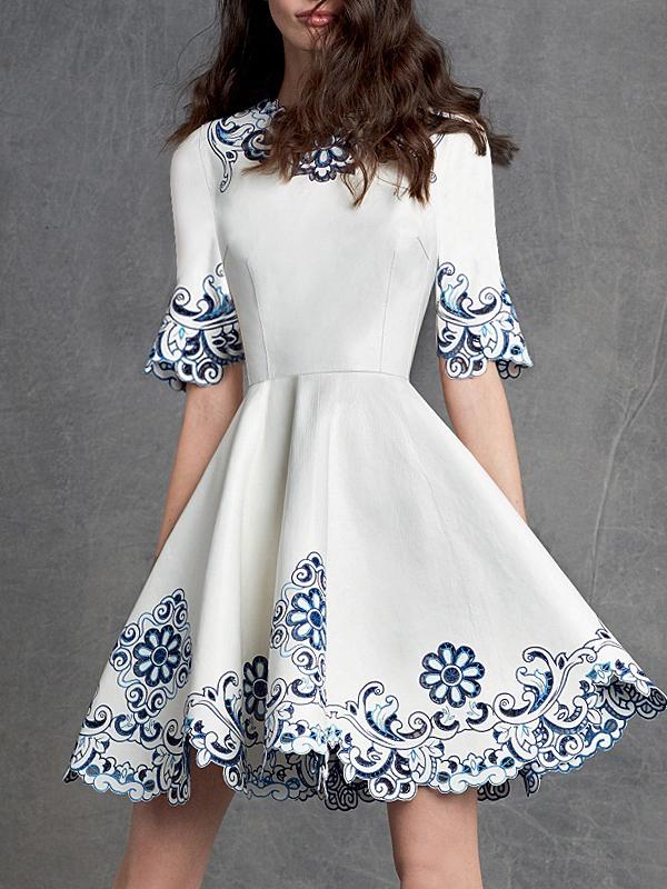 Shein White And Blue Porcelain Half Sleeve Embroidered Flare Dress