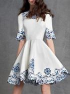 Shein White And Blue Porcelain Half Sleeve Embroidered Flare Dress