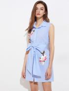 Shein Obi Belt Detail Embroidered Flower Applique Striped Dress