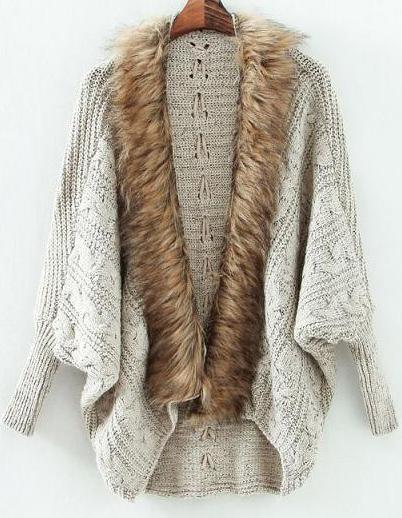 Shein Grey Batwing Long Sleeve Contrast Fur Knit Cardigan