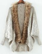Shein Grey Batwing Long Sleeve Contrast Fur Knit Cardigan