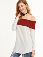 Shein Contrast Off The Shoulder Fold Over Ribbed Top