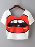 Shein White Short Sleeve Lip Print Crop T-shirt