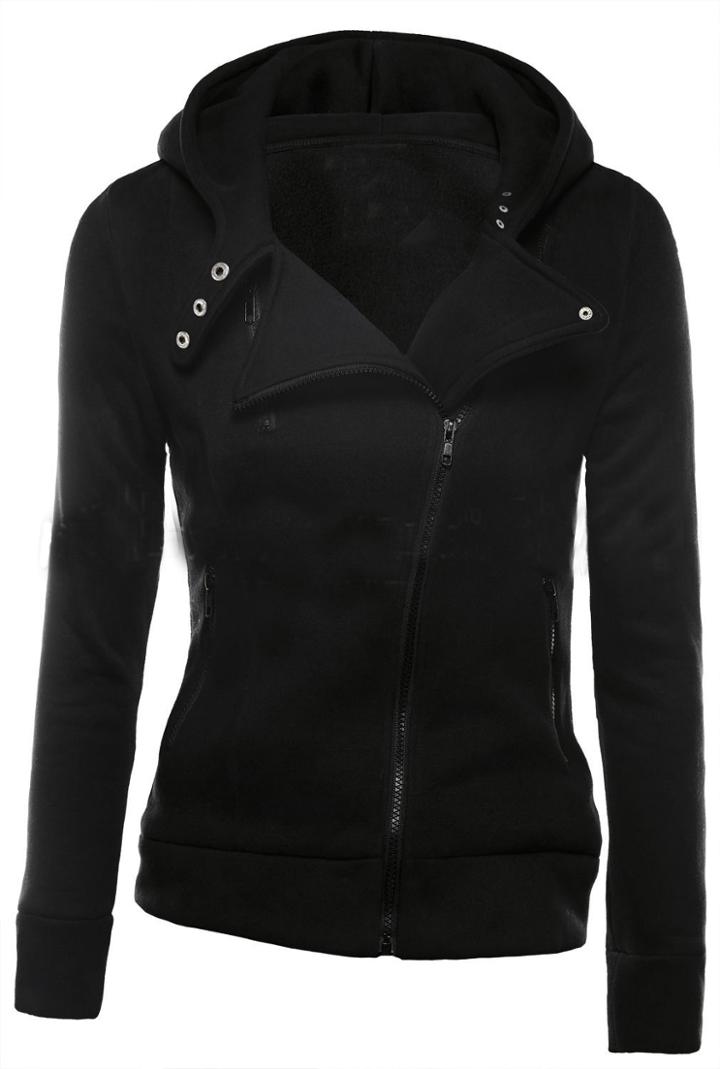Shein Black Zipper Front Hooded Sweatshirt
