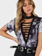 Shein Ladder Cut Plunging Neck Tie Dye T-shirt
