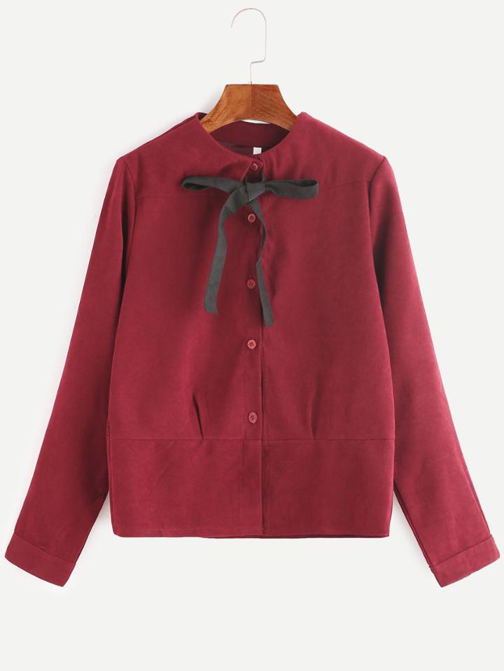Shein Burgundy Bow Tie Neck Button Top