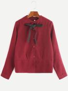 Shein Burgundy Bow Tie Neck Button Top