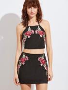 Shein Black Embroidered Rose Applique Suede Halter Top With Skirt