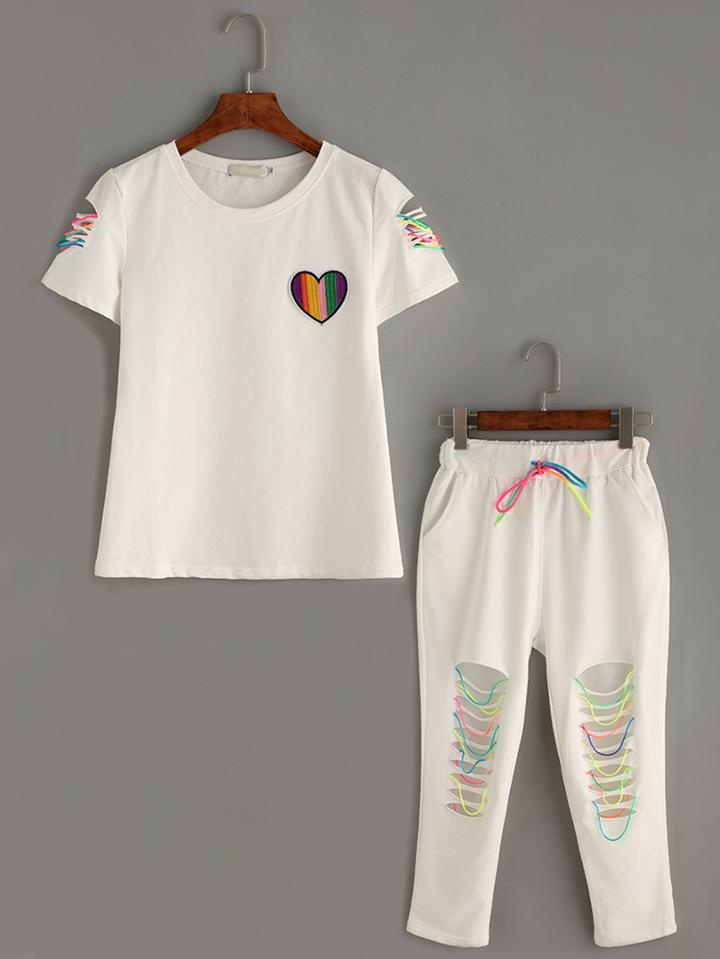 Shein White Ripped Embroidered Patch T-shirt With Pants