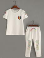 Shein White Ripped Embroidered Patch T-shirt With Pants