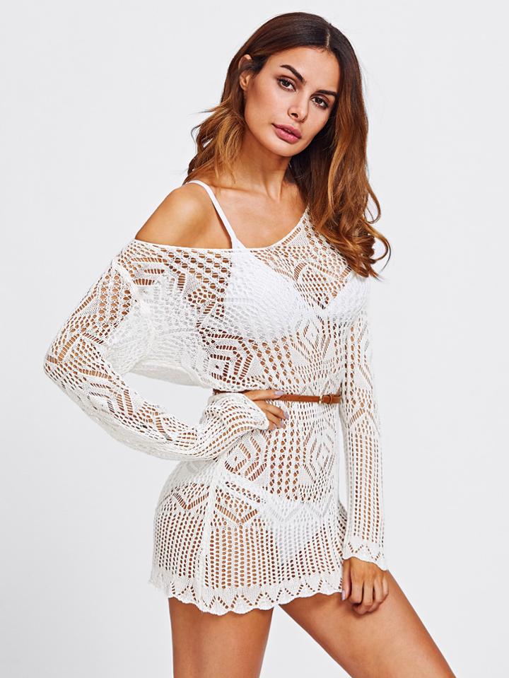 Shein Off Shoulder Scallop Trim Open Knit Cover Up
