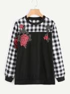 Shein Contrast Checked Embroidered Appliques Sweatshirt
