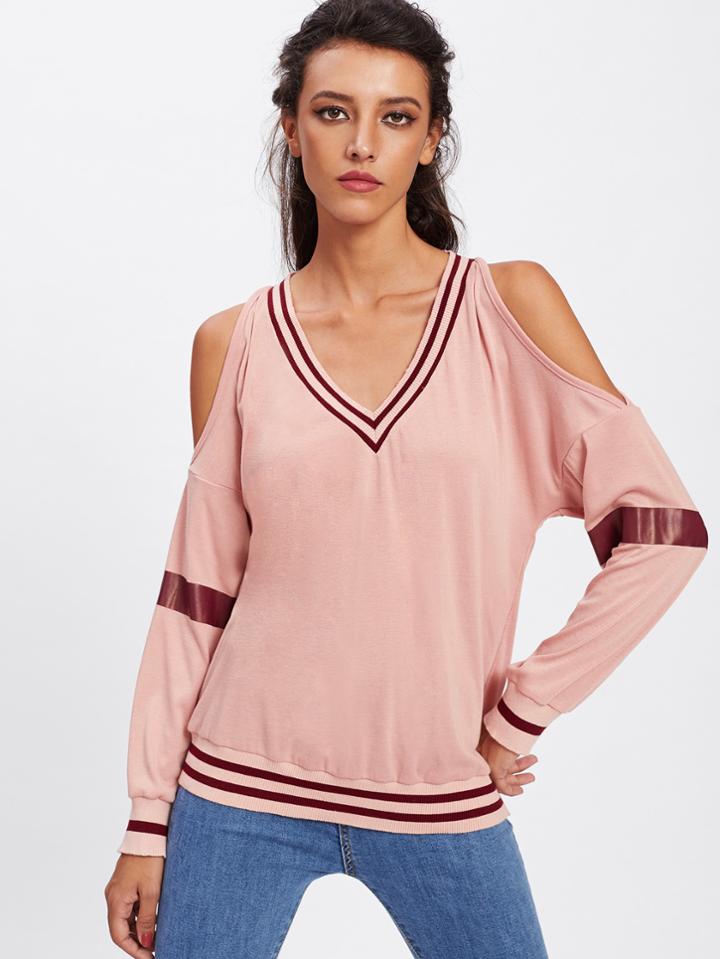Shein Open Shoulder Striped Trim Top