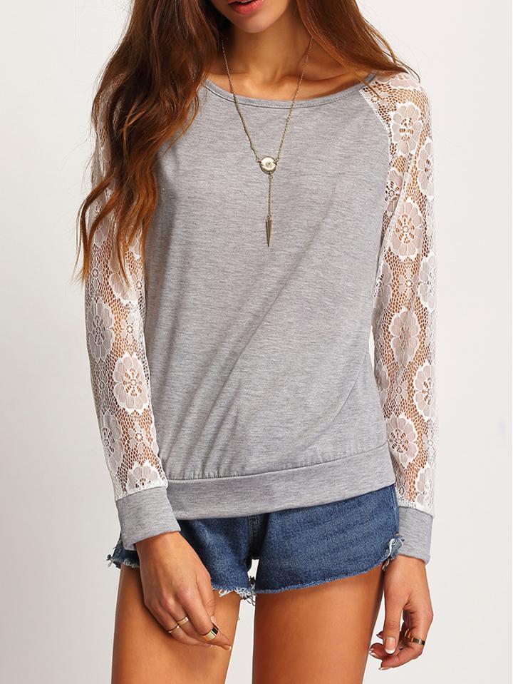 Shein Grey Contrast Lace Cut Out Sweatshirt