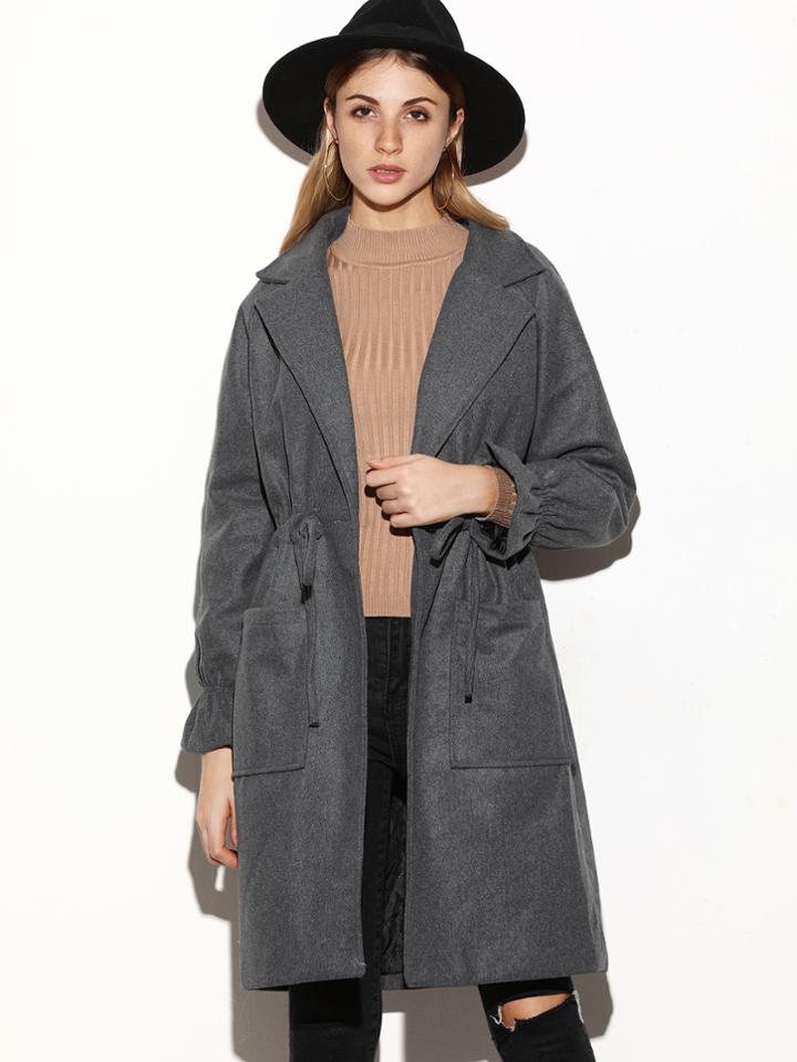 Shein Grey Ruffle Sleeve Pockets Drawstring Coat