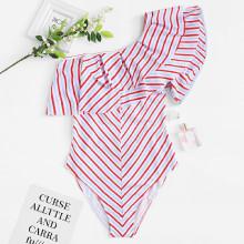 Shein Plus One Shoulder Flounce Striped Swimsuit