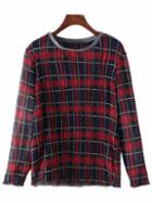 Shein Red Contrast Round Neck Plaid Chiffon Blouse