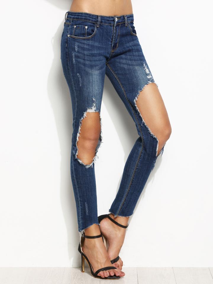 Shein Blue Ripped Knees Ankle Asymmetric Skinny Jeans