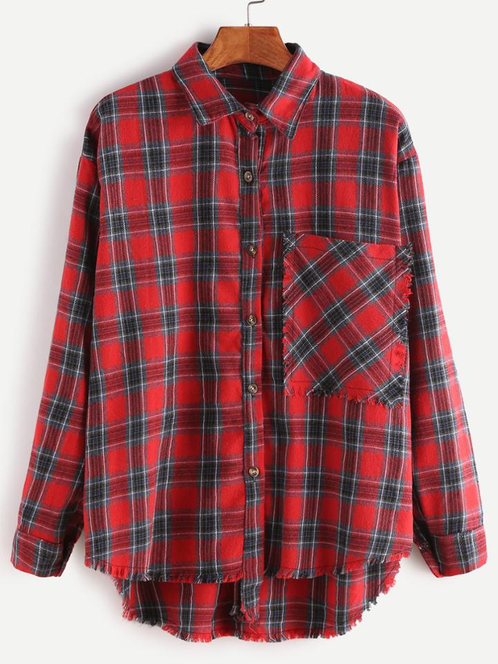 Shein Tartan Plaid High Low Frayed Hem Shirt