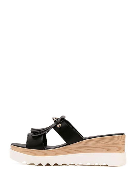 Shein Black Peep Toe Fringe Cutout Flatform Slippers