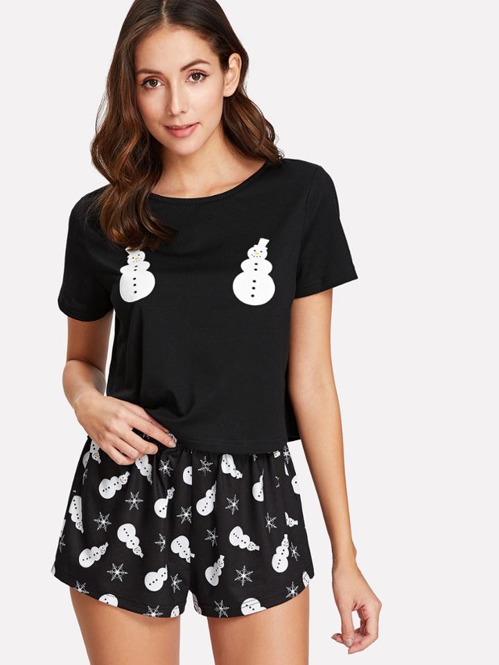 Shein Snowman Print Tee & Shorts Pj Set