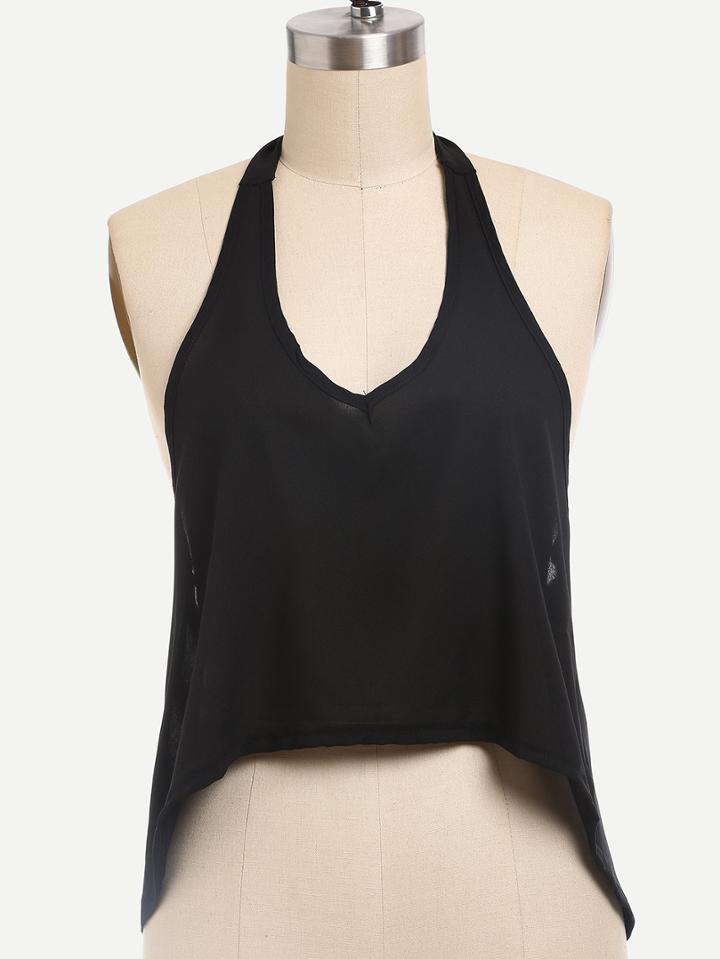 Shein Black Chiffon Asymmetric Halter Neck Top