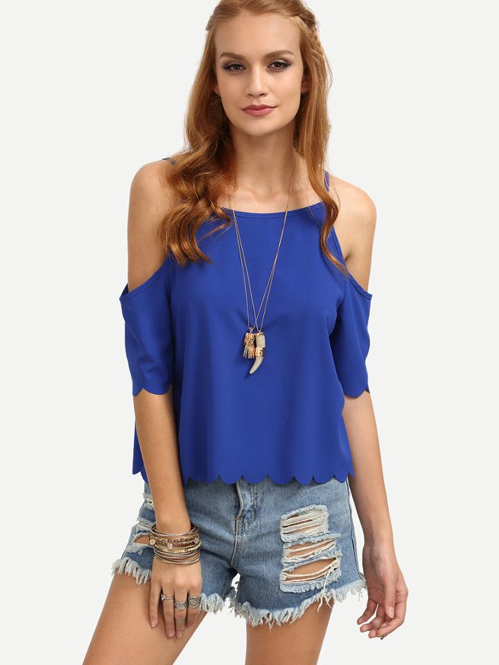 Shein Navy Spaghetti Strap Cold Shoulder Scallop Hem Blouse