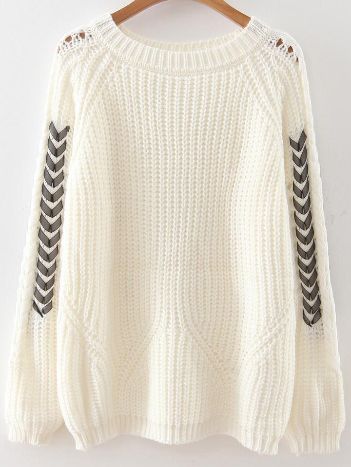 Shein White Lace Up Sleeve Raglan Sleeve Sweater