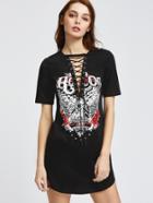 Shein V-necklnie Graphic Print Lace-up Tee Dress