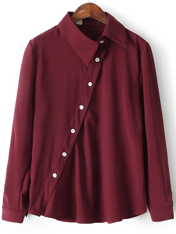 Shein Wine Red Lapel Oblique Buttons Casual Blouse