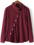 Shein Wine Red Lapel Oblique Buttons Casual Blouse