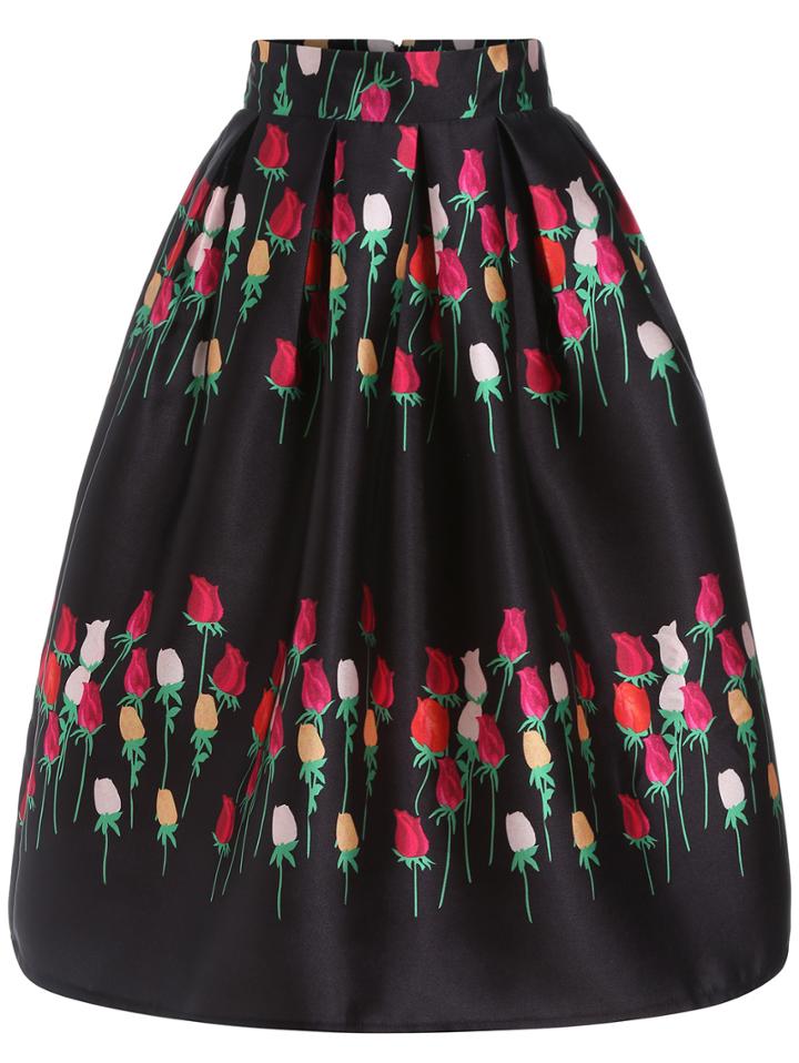Shein Colour Rose Print Flare Skirt