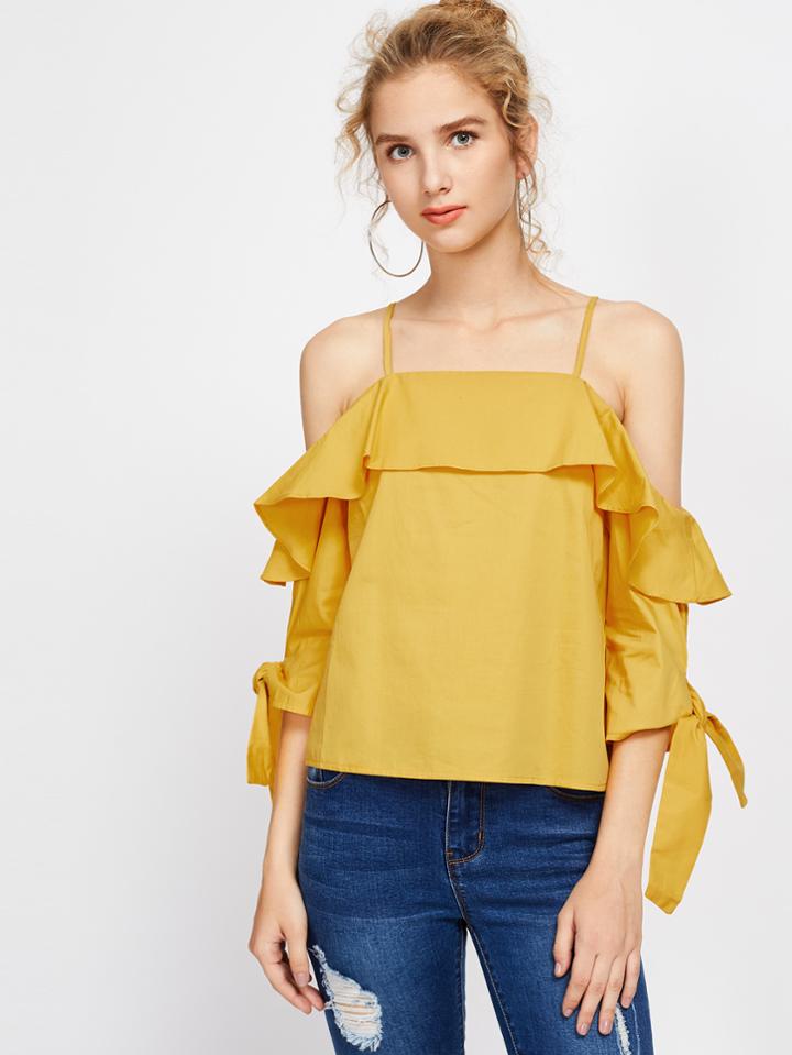 Shein Cold Shoulder Bow Tie Cuff Ruffle Top