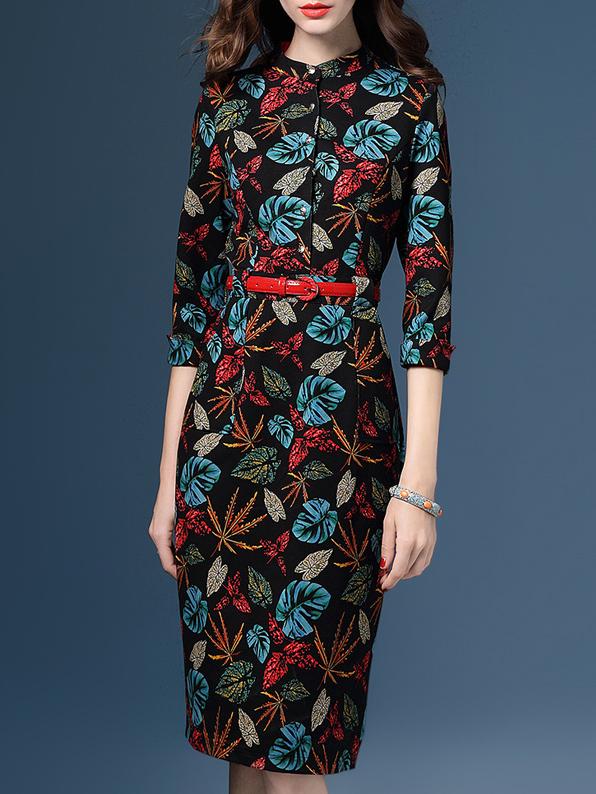 Shein Black Leaves Print Belted Sheath Dress
