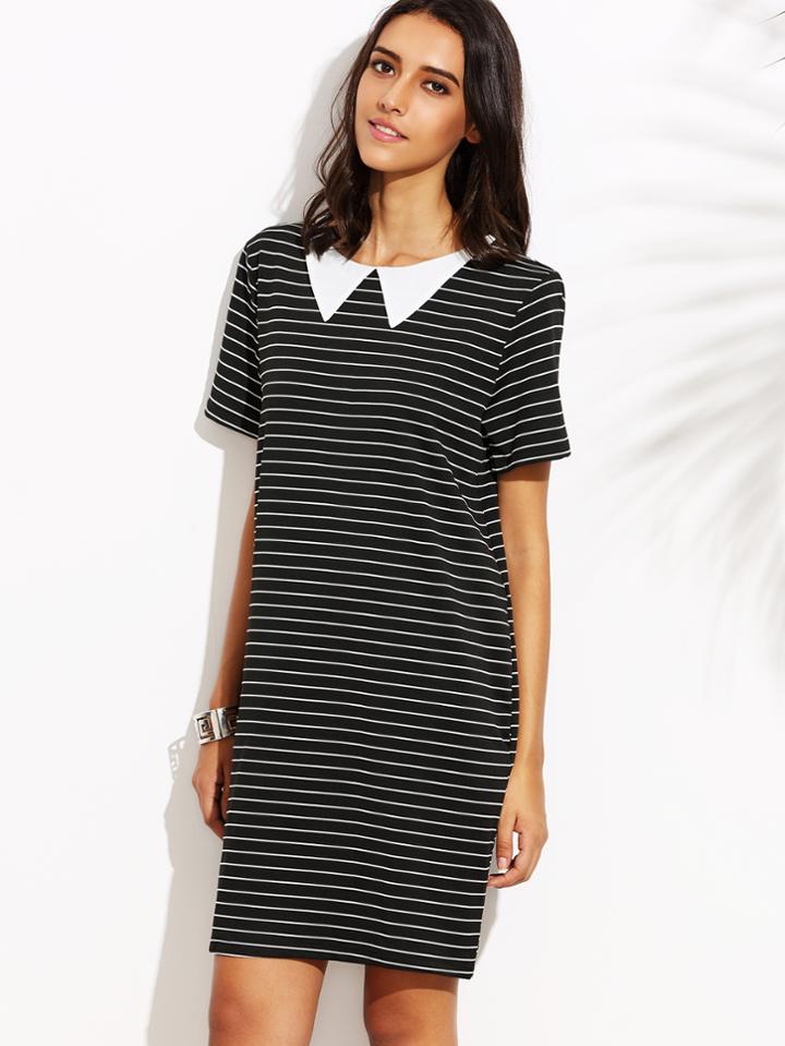 Shein Black Peter Pan Collar Stripe Dress
