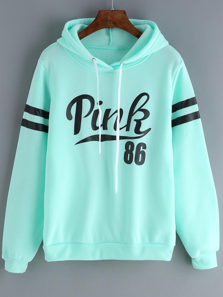 Shein Green Drawstring Hooded Letters Print Sweatshirt