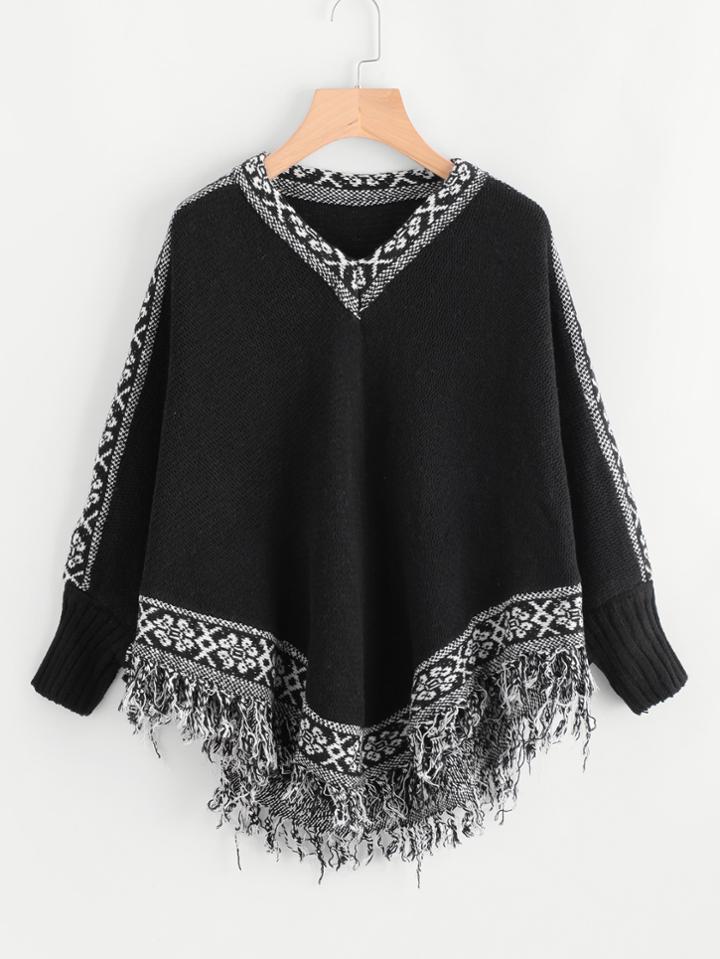 Shein V Neckline Contrast Fringe Hem Sweater