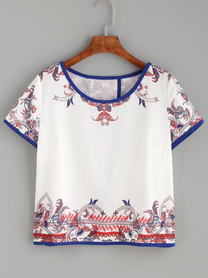 Shein Beige Tribal Print Split Back Contrast Trim Blouse