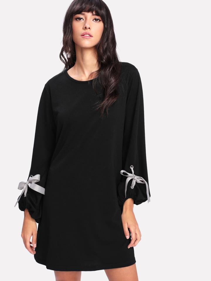 Shein Ribbon Tie Detail Bishop Sleeve Dress