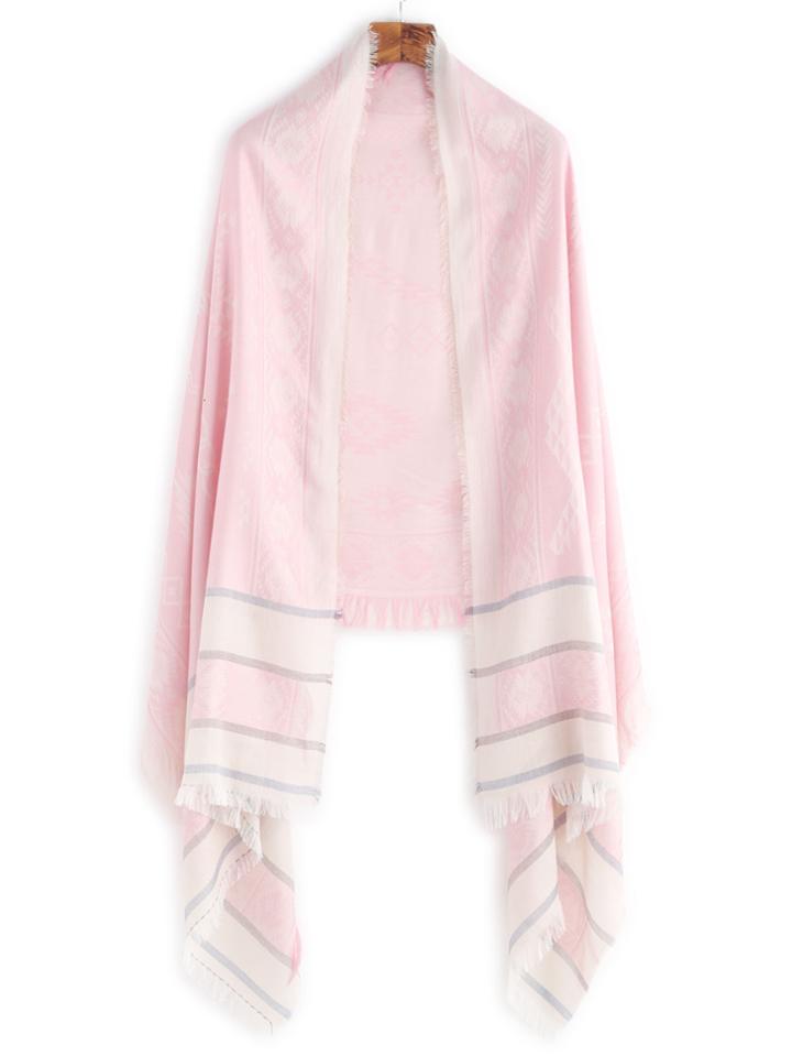 Shein Pink Stripe Trim Print Eyelash Fringe Voile Scarf