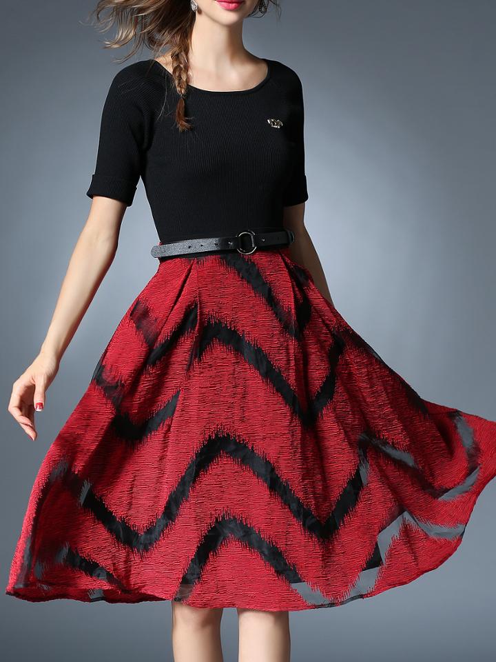 Shein Black Contrast Red Belted A-line Dress