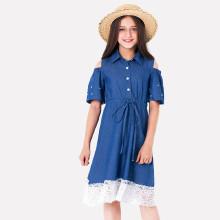 Shein Girls Cold Shoulder Pearl Lace Hem Denim Dress