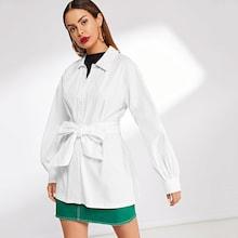 Shein Self Belted Solid Longline Shirt