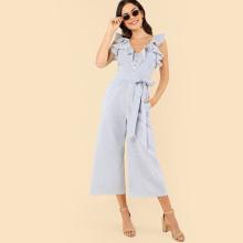 Shein Button Front Wide Leg Ruffle Jumpsuit