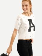 Shein Ripped Back Letter Print Eyelet T-shirt - White