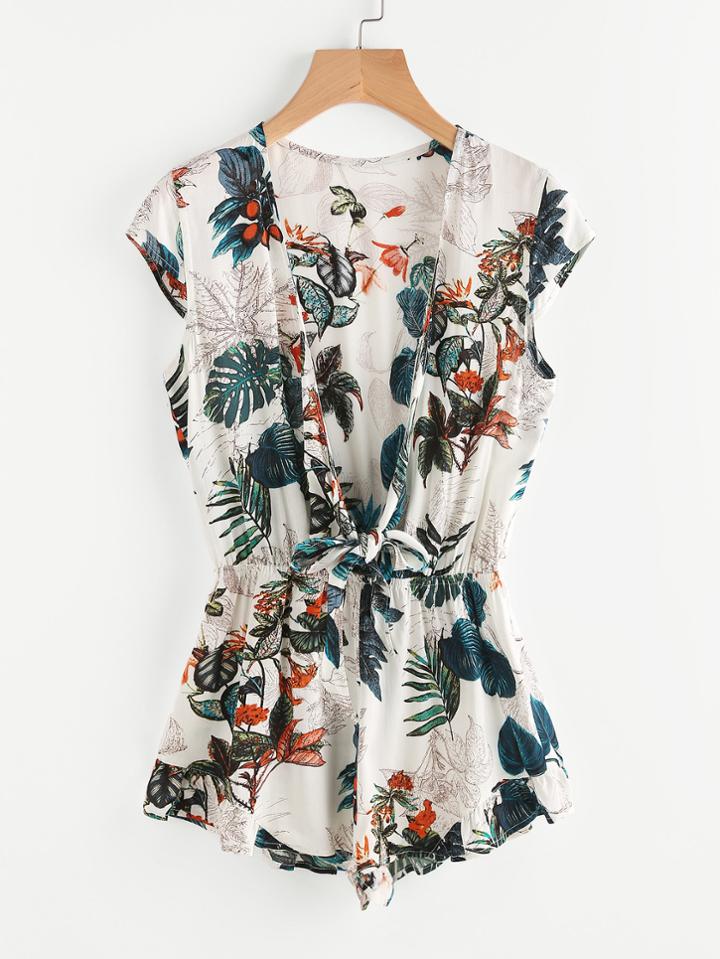 Shein Plunge Tied Front Elastic Waist Tropical Romper