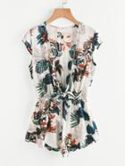 Shein Plunge Tied Front Elastic Waist Tropical Romper