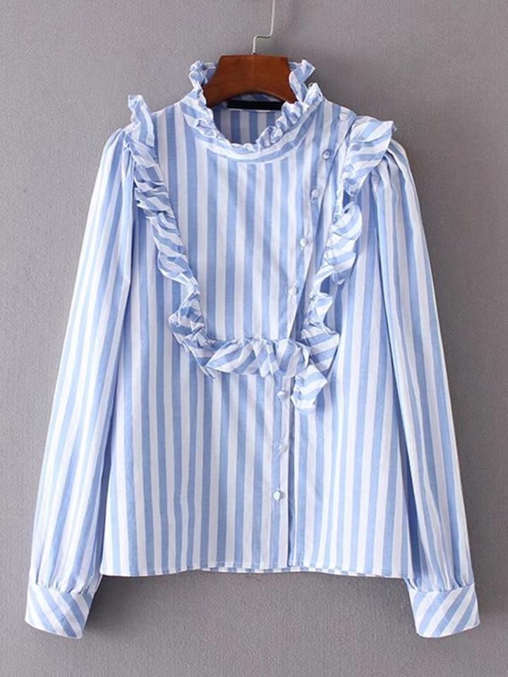 Shein Ruffle Detail Oblique Button Striped Blouse