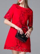 Shein Red Crochet Hollow Out Jacquard Short Dress